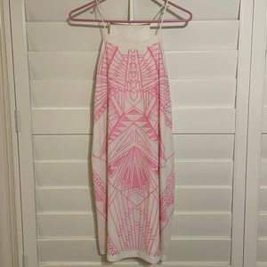 White dress aztec pink embroidery